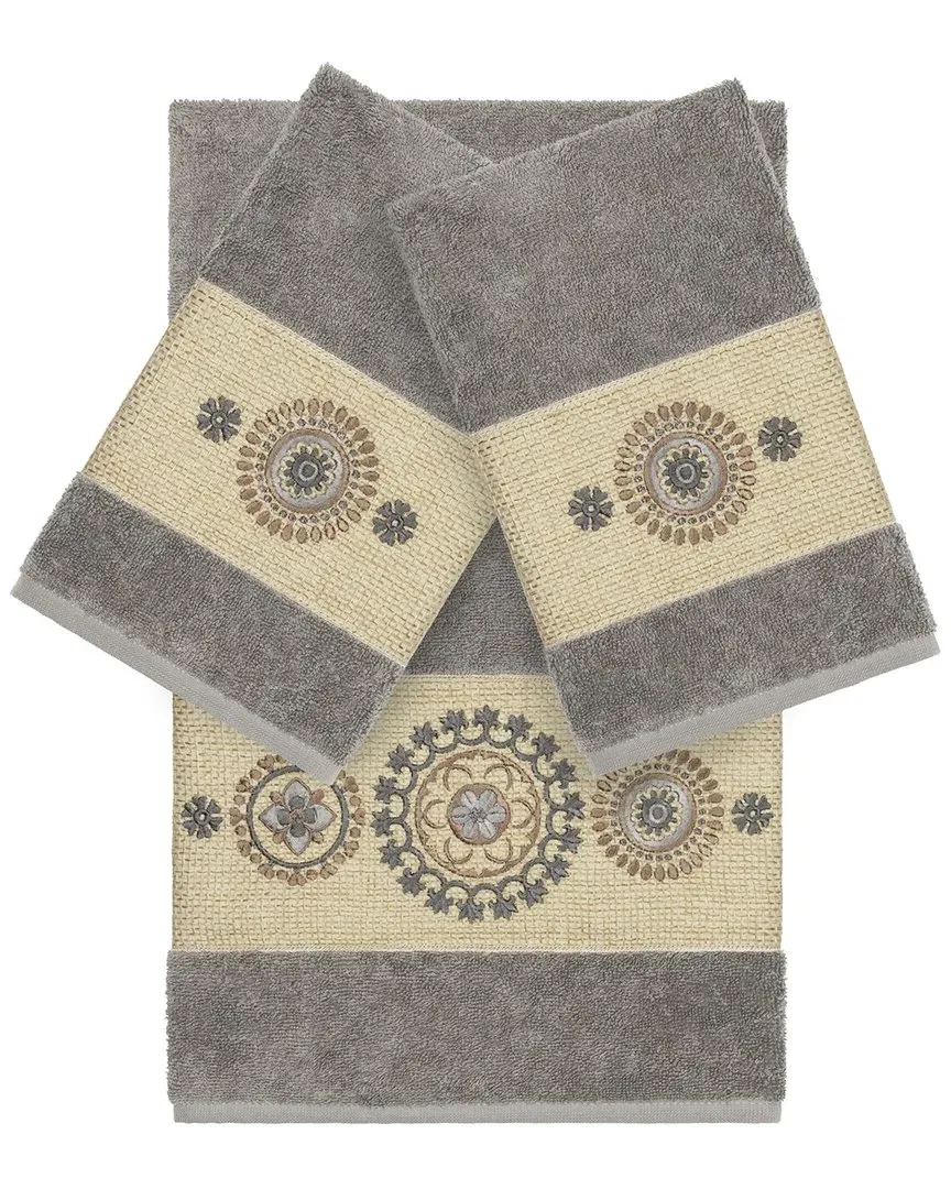 Isabelle 3-Piece Embellished Towel Set - Dark Grey, Turkish Cotton
