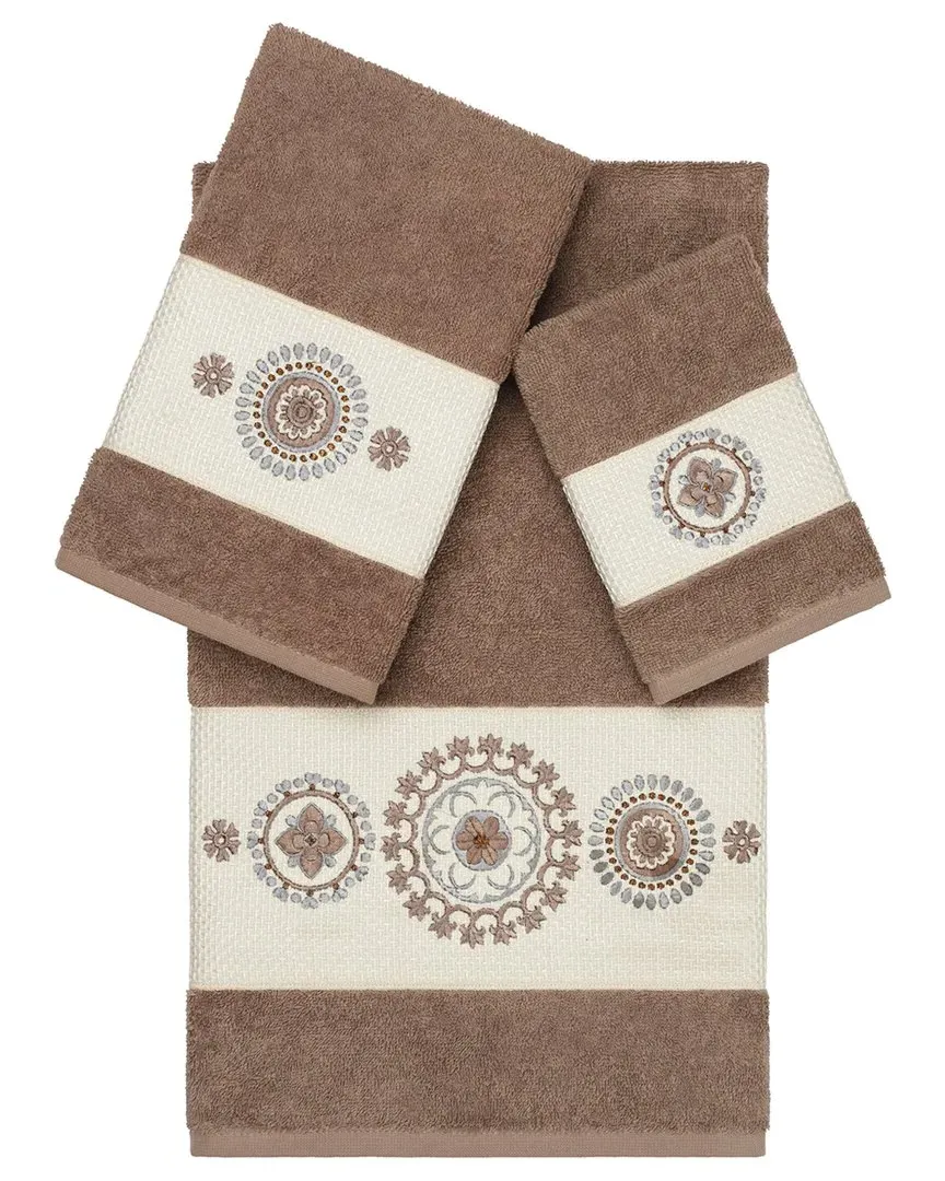 Isabelle 3-Piece Embellished Towel Set - Latte, Turkish Cotton