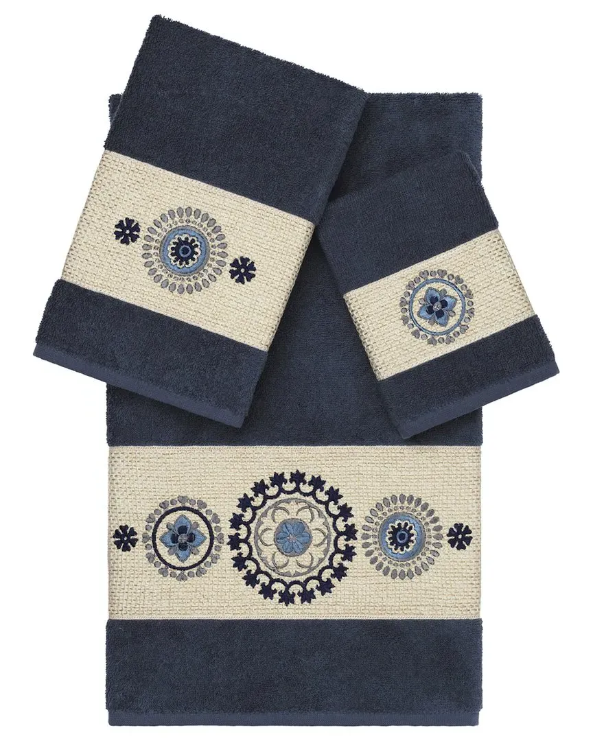 Isabelle 3-Piece Embellished Towel Set - Navy, Turkish Cotton