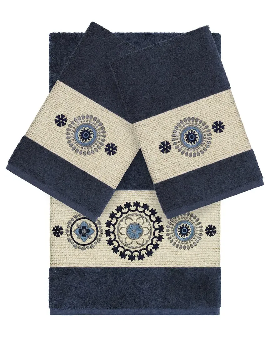 Isabelle 3-Piece Embellished Towel Set - Navy, Turkish Cotton