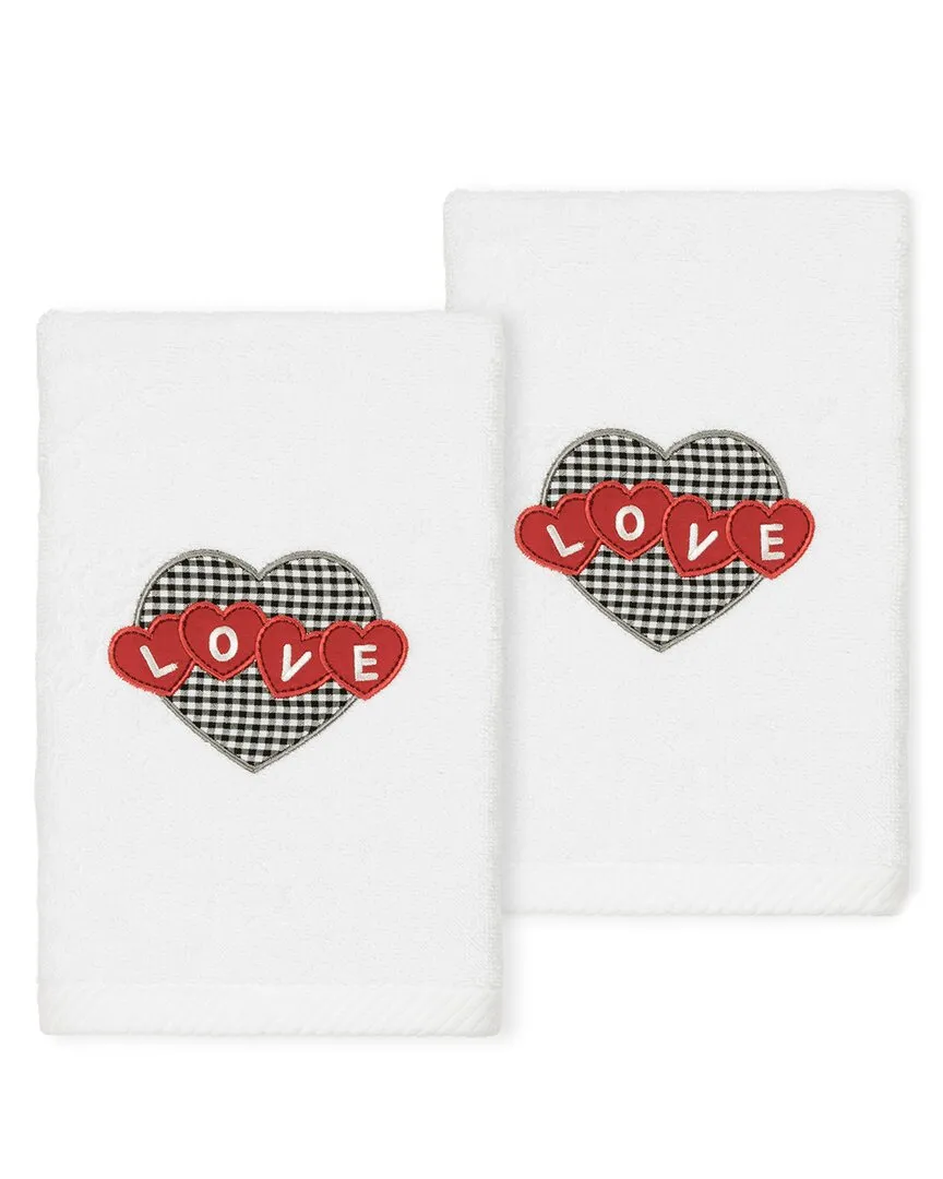 Love Hearts Embroidered Hand Towels Set of 2 - White, Cotton