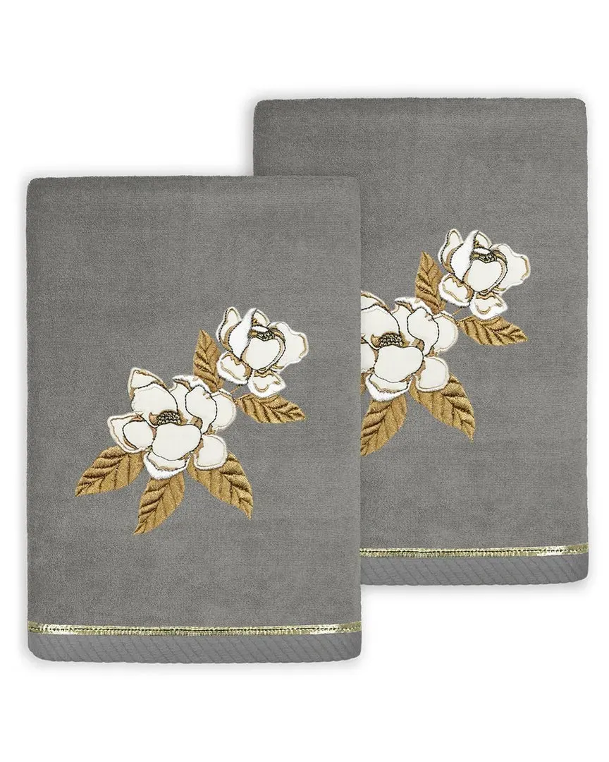 Maggie 2pc Hand Towel Set with Embroidered Design - Charcoal, Turkish Cotton