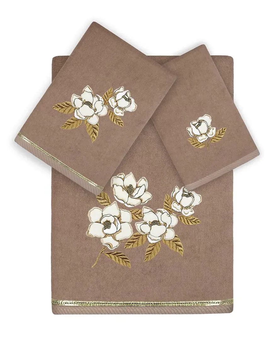 Maggie 3pc Embroidered Towel Set - Cocoa, Turkish Cotton