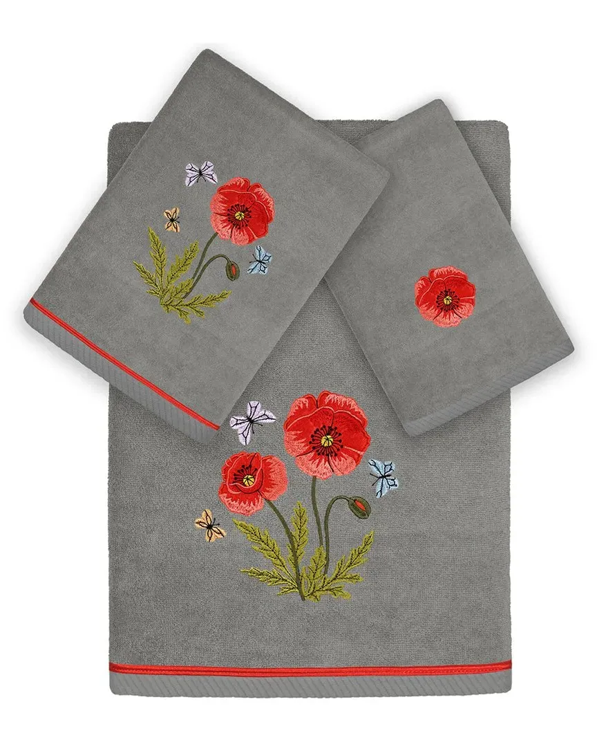 Polly 3pc Embroidered Towel Set - Charcoal, Turkish Cotton