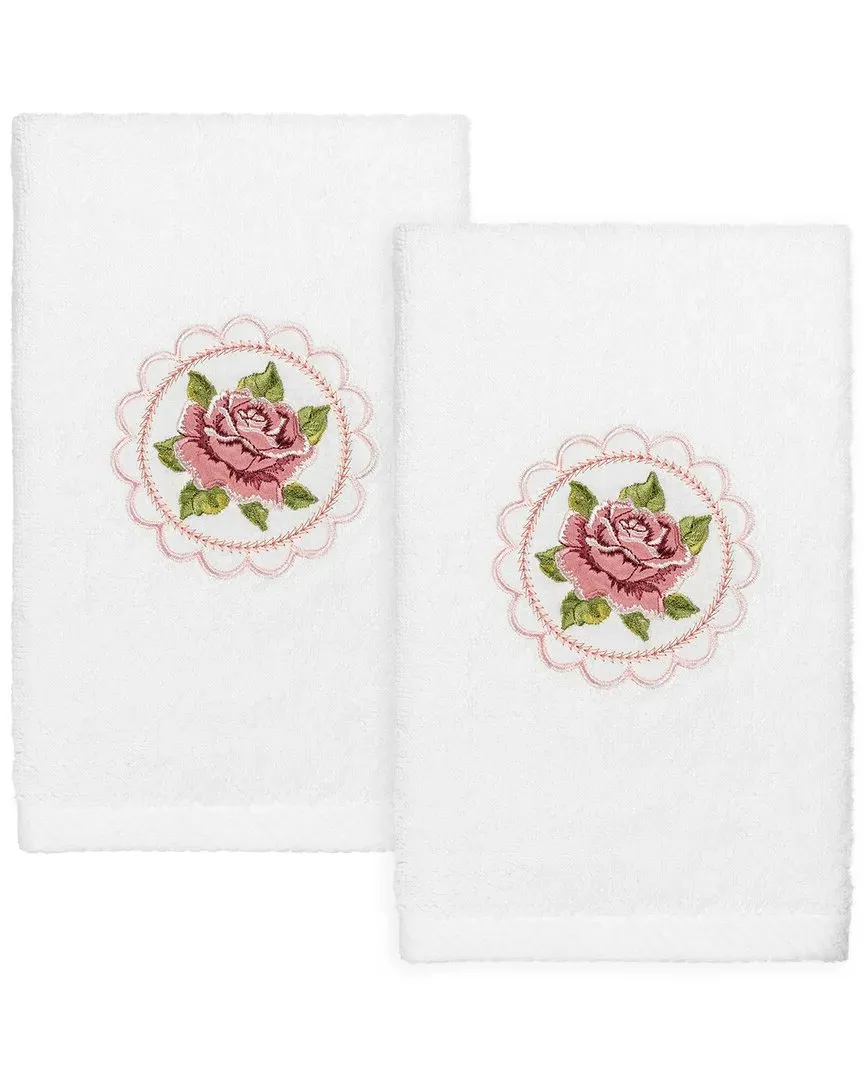 Rosalee Embroidered Hand Towels Set of 2 - White, Turkish Cotton