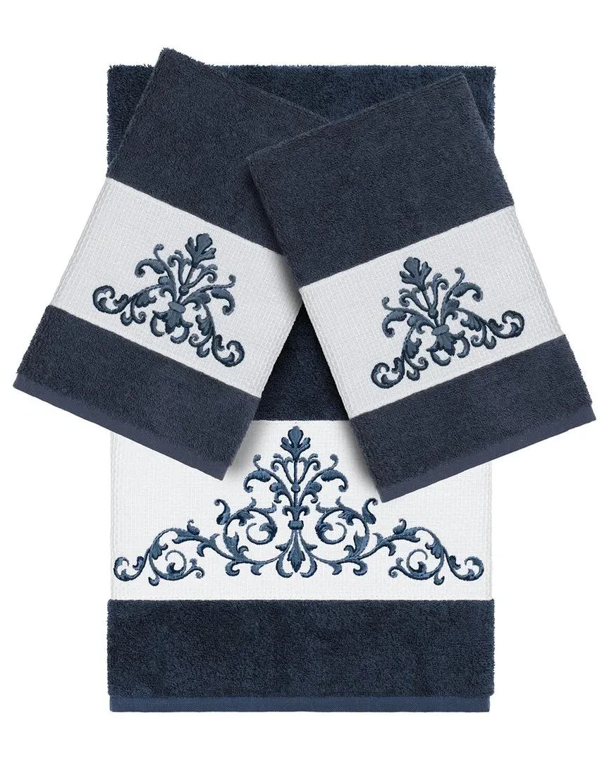Scarlet 3-Piece Embellished Bath & Hand Towel Set - Blue, Cotton