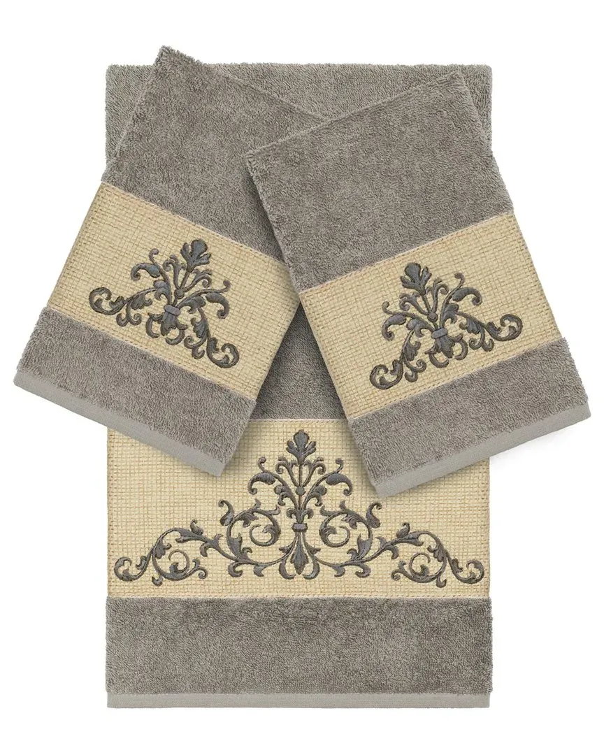 Scarlet 3-Piece Embellished Bath & Hand Towel Set - Grey, Cotton