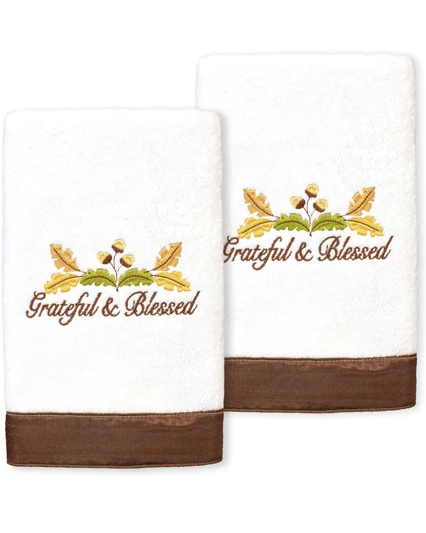 Set of 2 Blessed Embroidered Hand Towels - White, Cotton