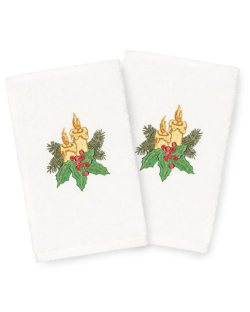 Set of 2 Christmas Candles Hand Towels - White, Cotton