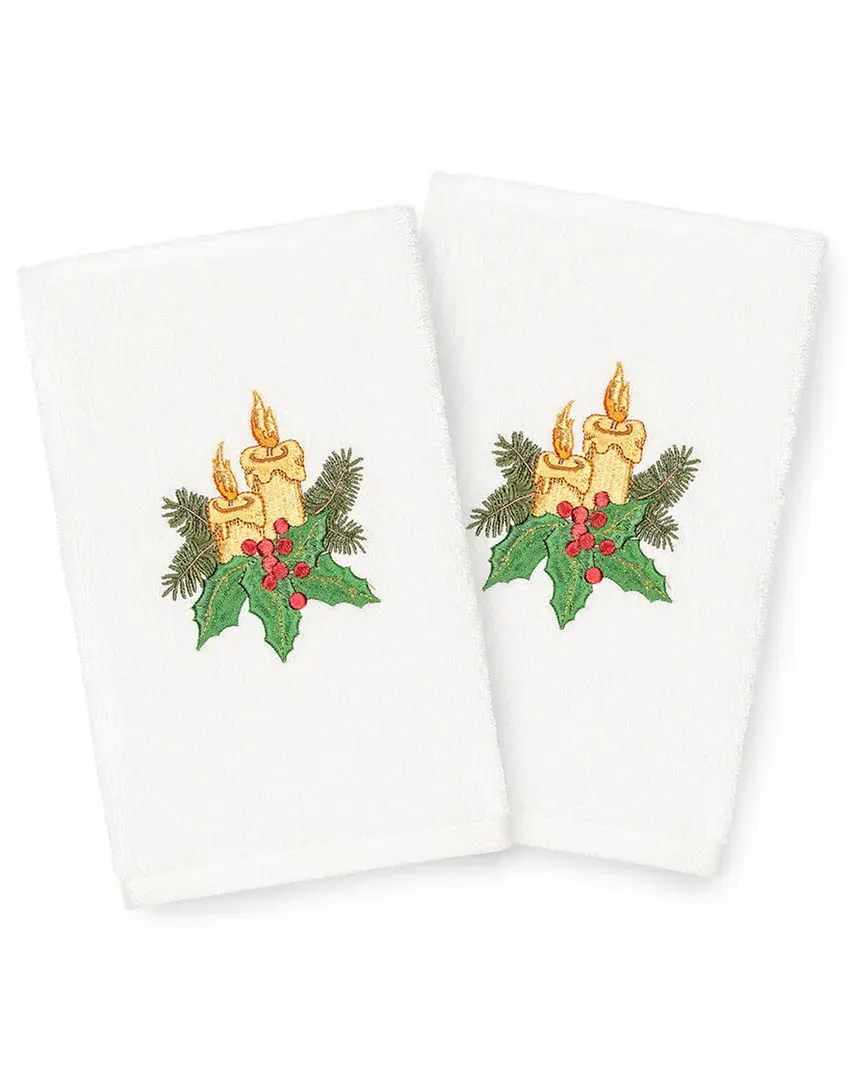 Set of 2 Christmas Candles Hand Towels - White, Cotton