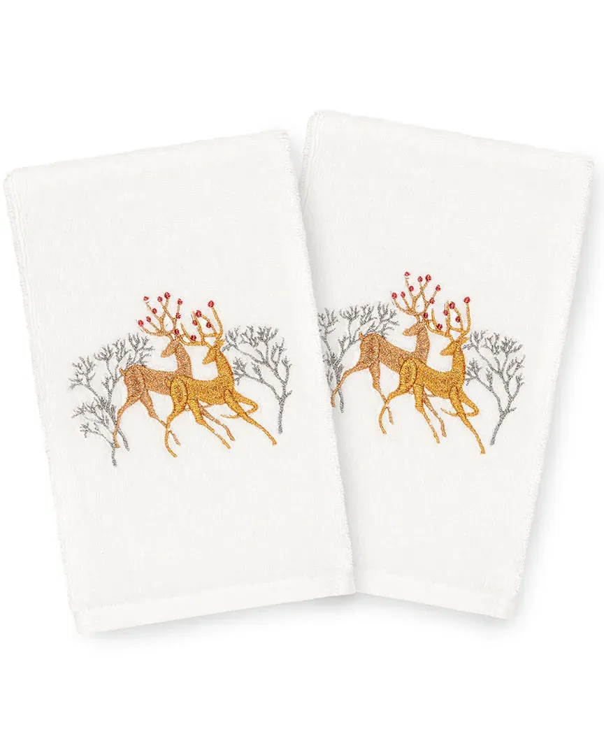 Set of 2 Christmas Deer Hand Towels - White, Cotton