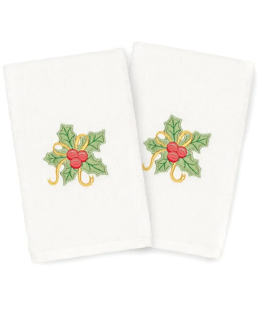 Set of 2 Christmas Holly Bunch Hand Towels - White, Cotton