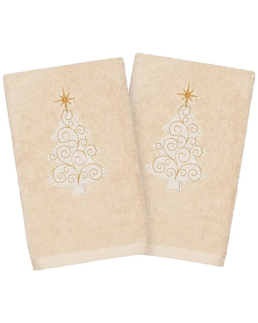 Set of 2 Christmas Scroll Tree Hand Towels - Sand, Cotton