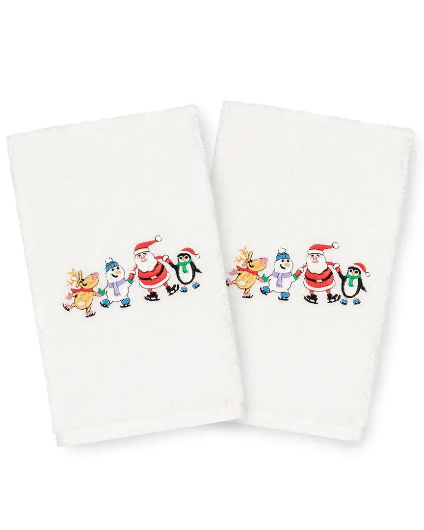 Set of 2 Christmas Skating Party Hand Towels - White, Cotton