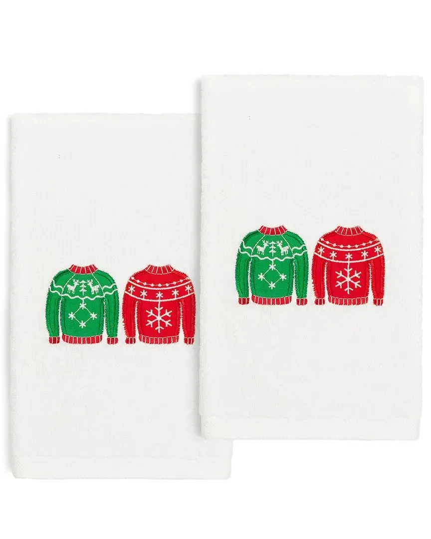 Set of 2 Christmas Sweaters Hand Towels - White, Cotton