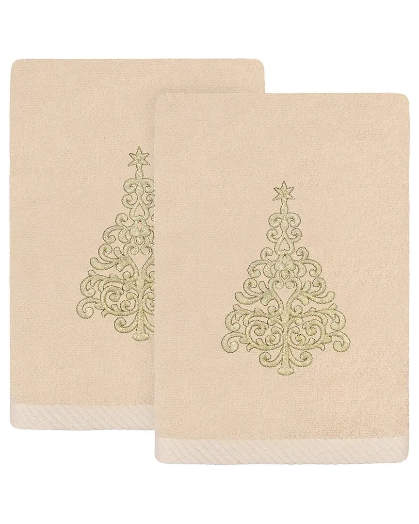 Set of 2 Christmas Tree Embroidered Hand Towels - Cotton