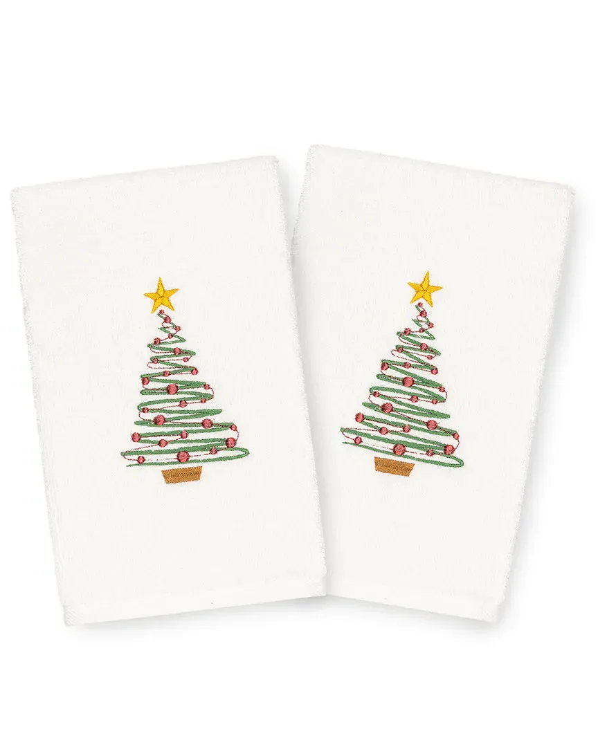 Set of 2 Christmas Tree Hand Towels - White, Cotton