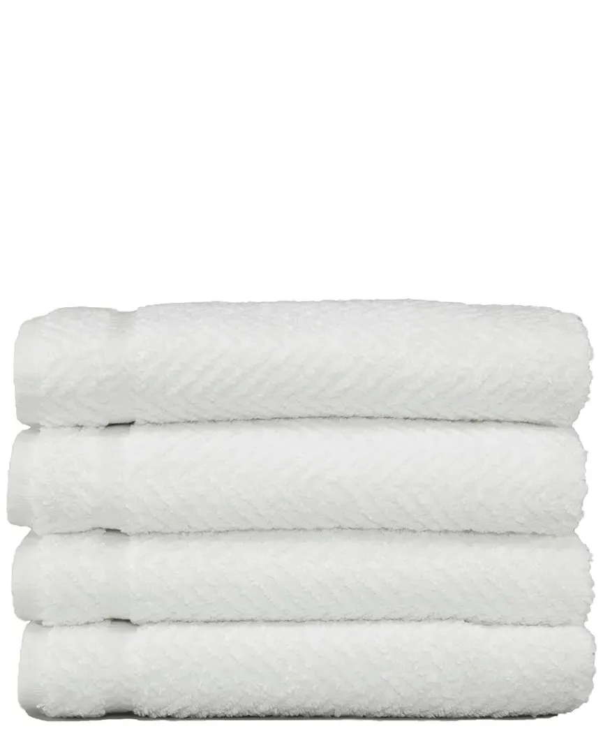 Set of 4 Herringbone Hand Towels - White, Cotton
