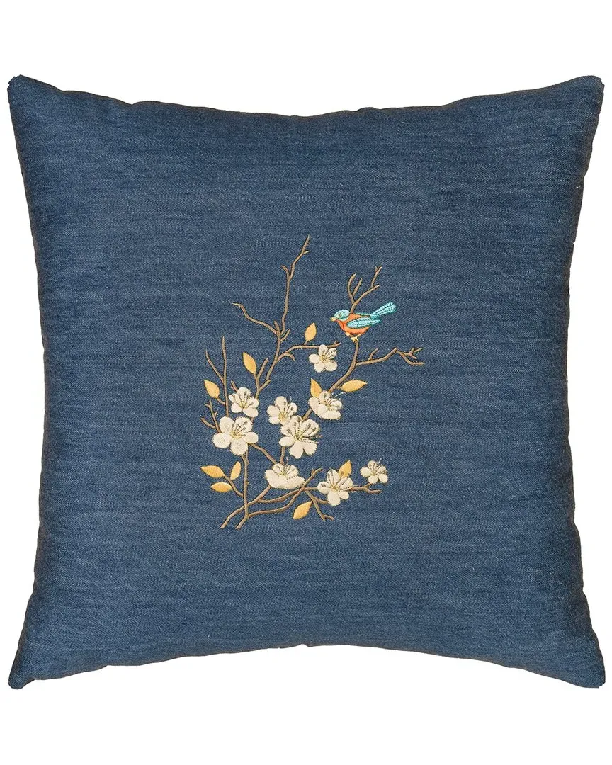 Springtime Pillow Cover with Bird Embroidery - Denim, Cotton
