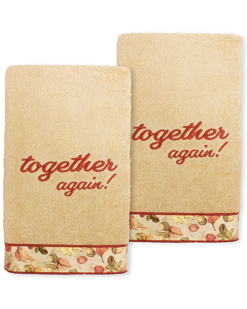 Thanksgiving Together Again Embroidered Hand Towels Set of 2 - Sand, Turkish Cotton