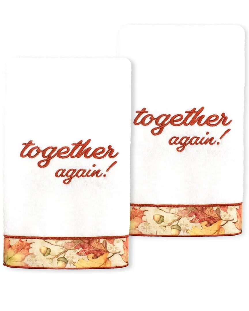 Thanksgiving Together Again Embroidered Hand Towels Set of 2 - White, Turkish Cotton