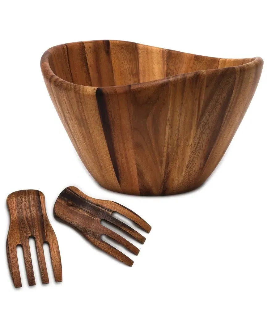 International Acacia Wave Large Bowl with Salad Hands - Brown image
