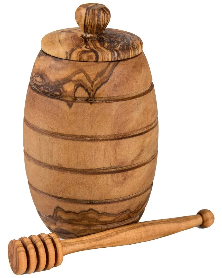 International Olive Wood Honey Pot with Spoon - Brown