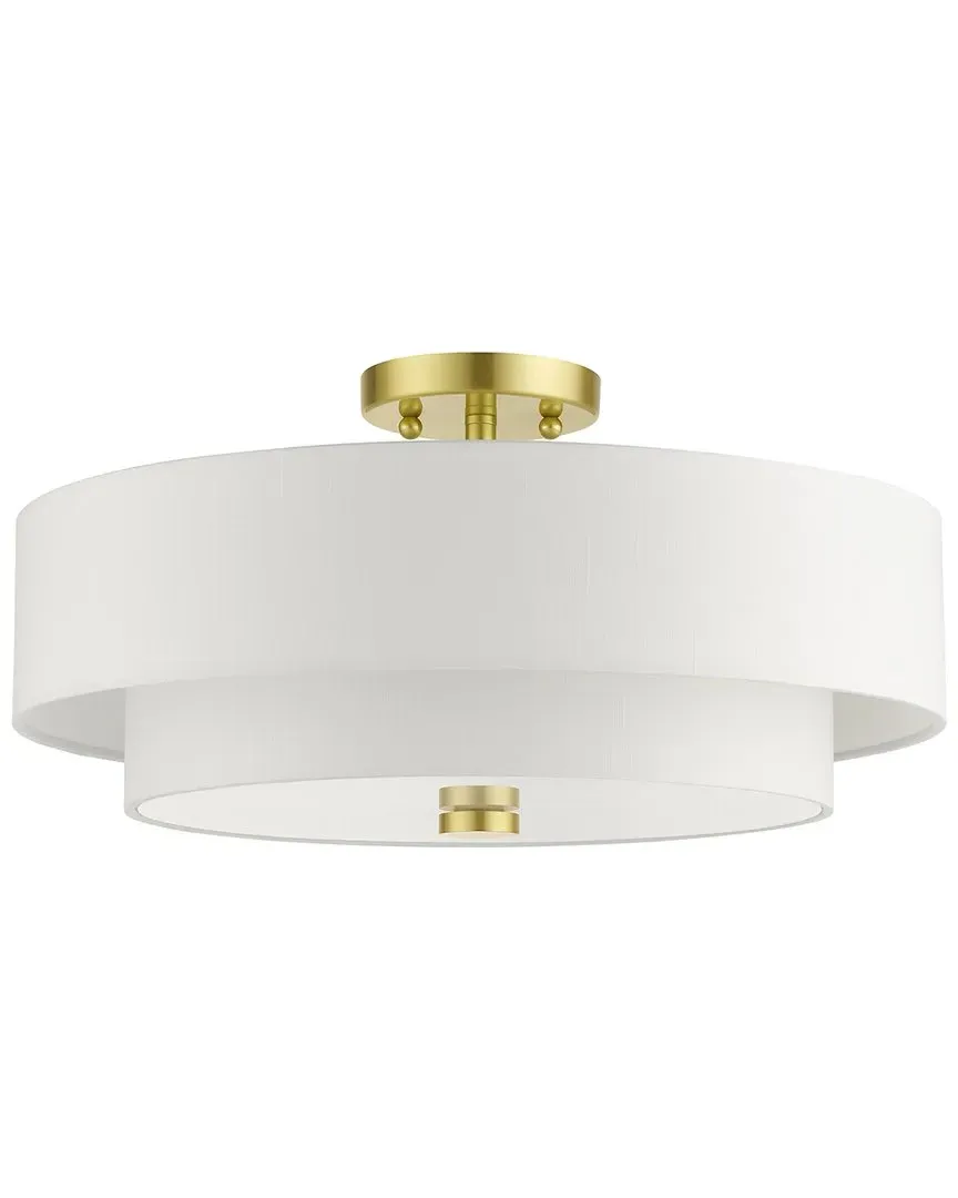 Meridian 4-Light Double Drum Semi Flush - Satin Brass, Off White