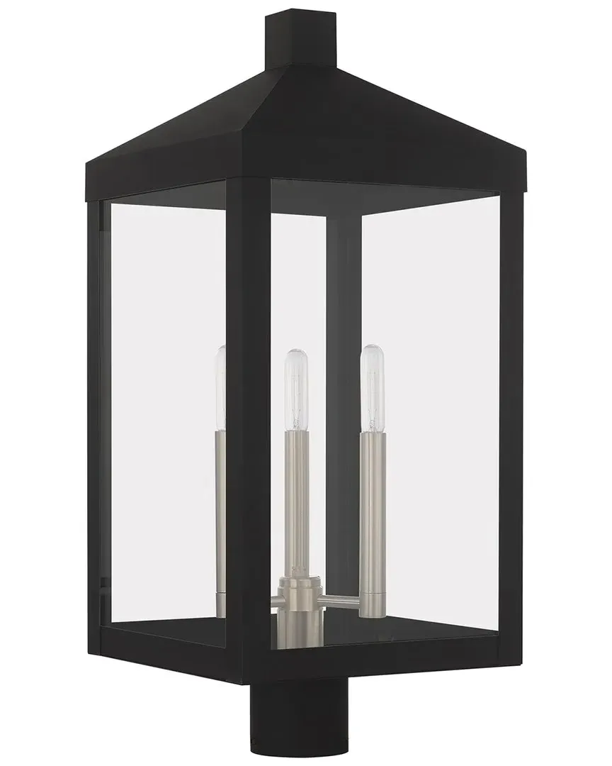 Nyack 3 Light Outdoor Post Top Lantern - Black, Brass