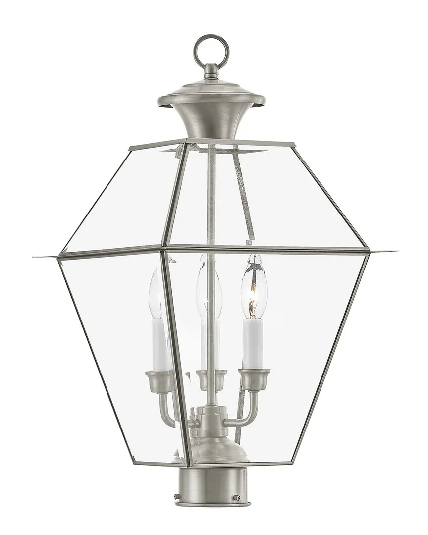 Westover 3-Light Outdoor Post Top Lantern - Brushed Nickel, Brass