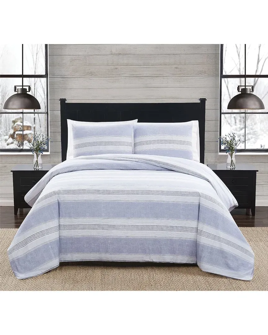 Blue Stripe Flannel Comforter Set - White, Cotton image