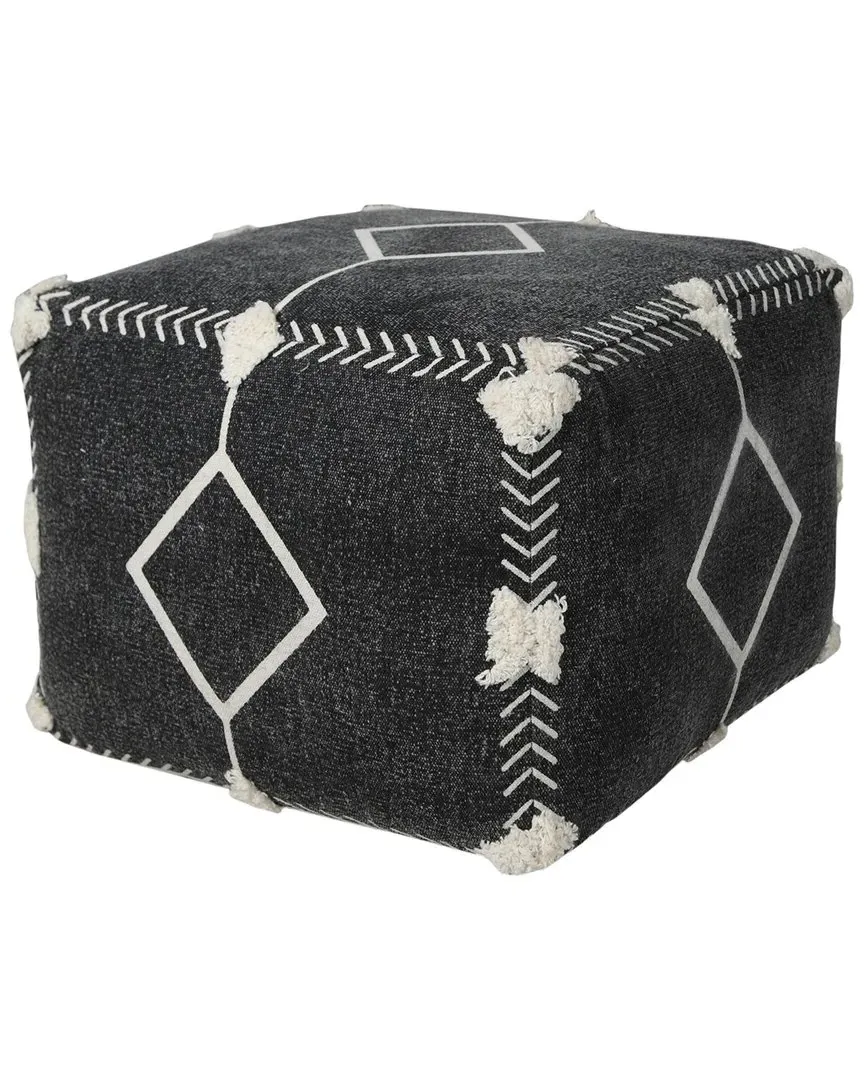 Abigail Geometric Hand-Woven Ottoman Pouf - Black, Cotton