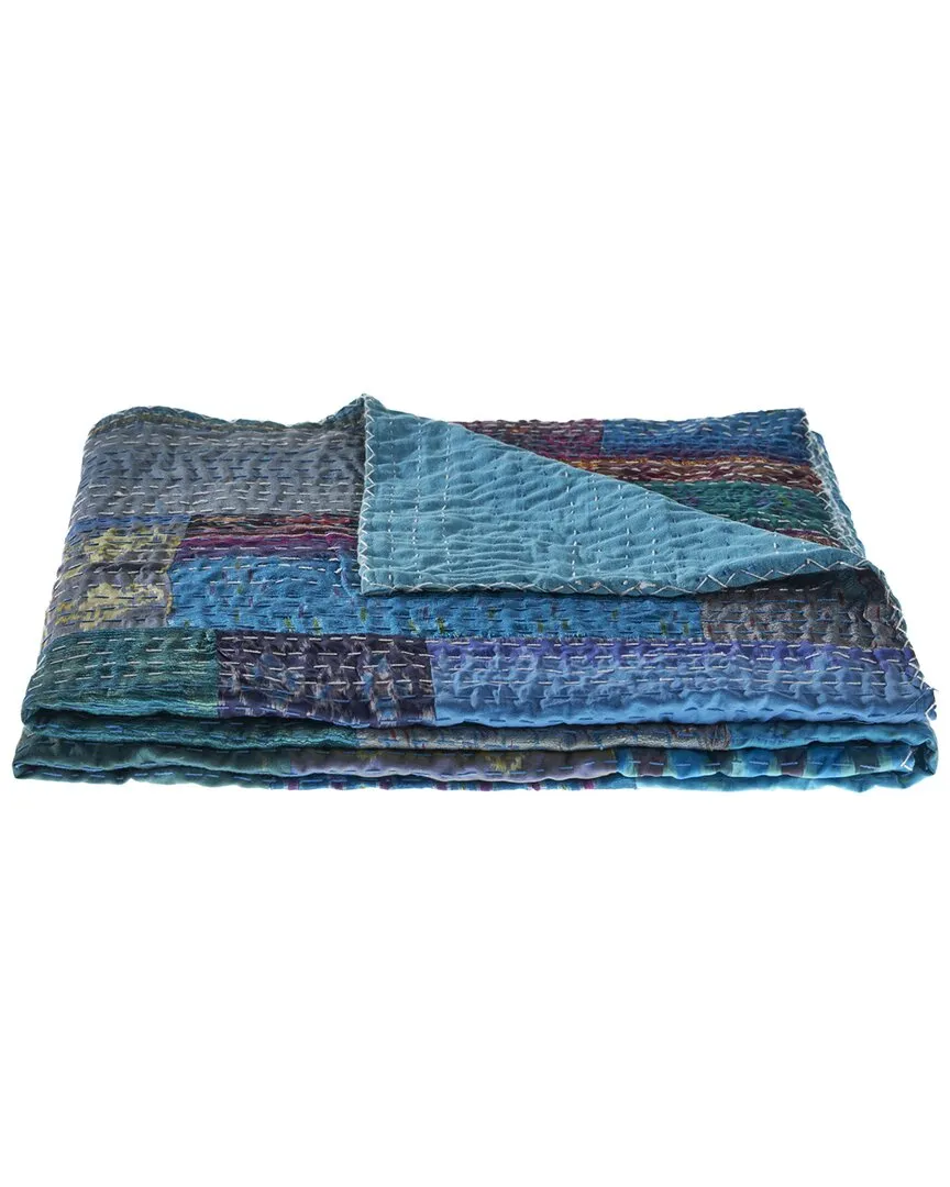 Color Block Kantha Throw Blanket - Blue, Silk Cotton