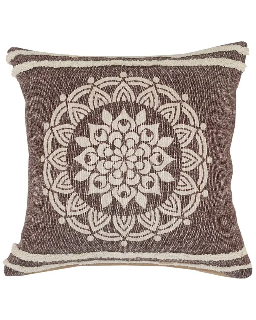 Floral Medallion Throw Pillow with Striped Border - Brown image