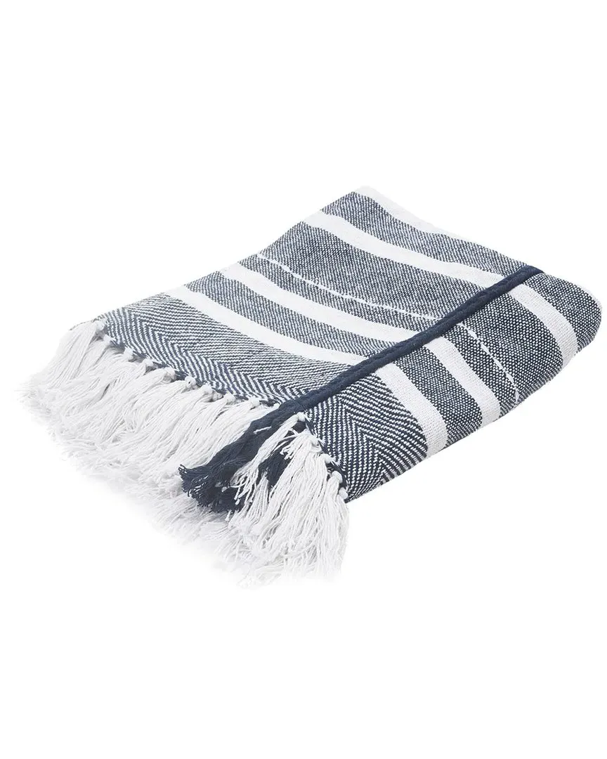 Horizontal Striped Throw Blanket with Fringe - Blue, Cotton