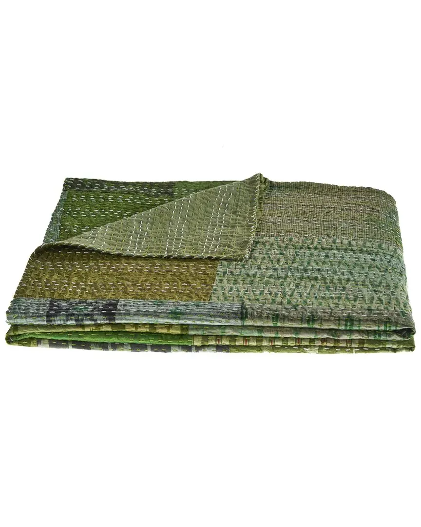 Peacock Kantha Throw Blanket - Green, Silk Cotton