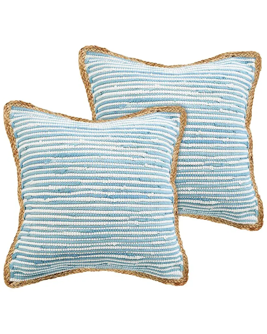 Riley Set of 2 Striped Throw Pillows with Jute Border - Blue
