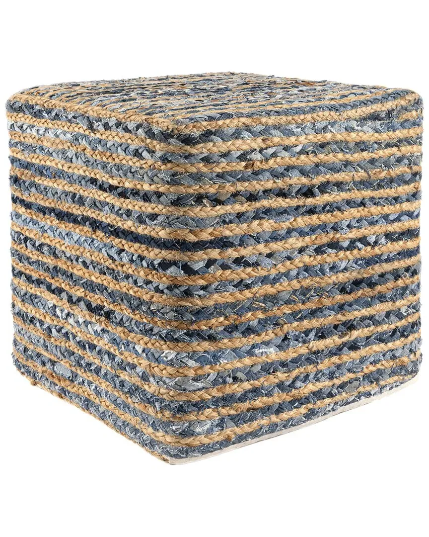 Selena Coastal Braided Striped Handmade Textured Pouf - Denim image