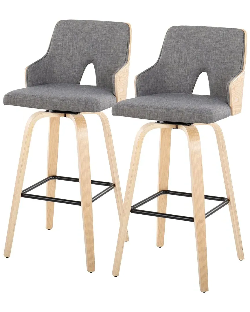 Stella Set of 2 Fixed-Height Barstools - Light Grey, Natural Wood
