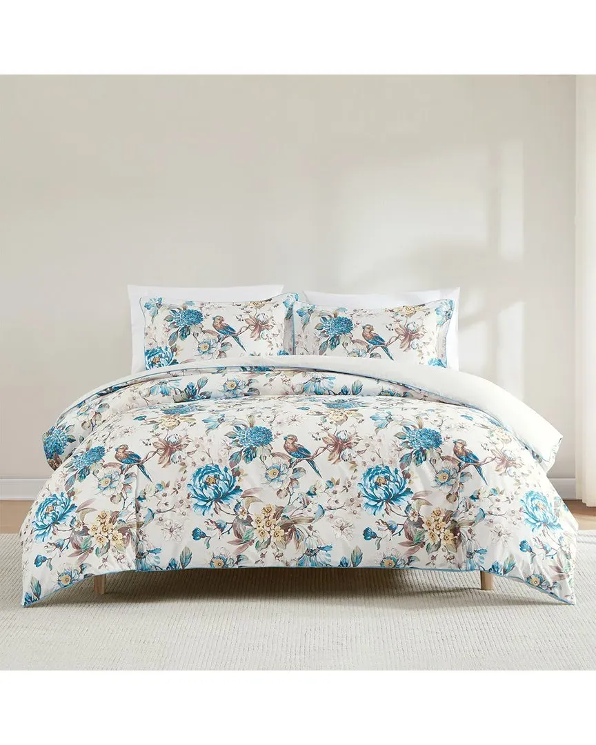 Bird & Hydrangea Reversible Cotton Duvet Cover Set - Teal image
