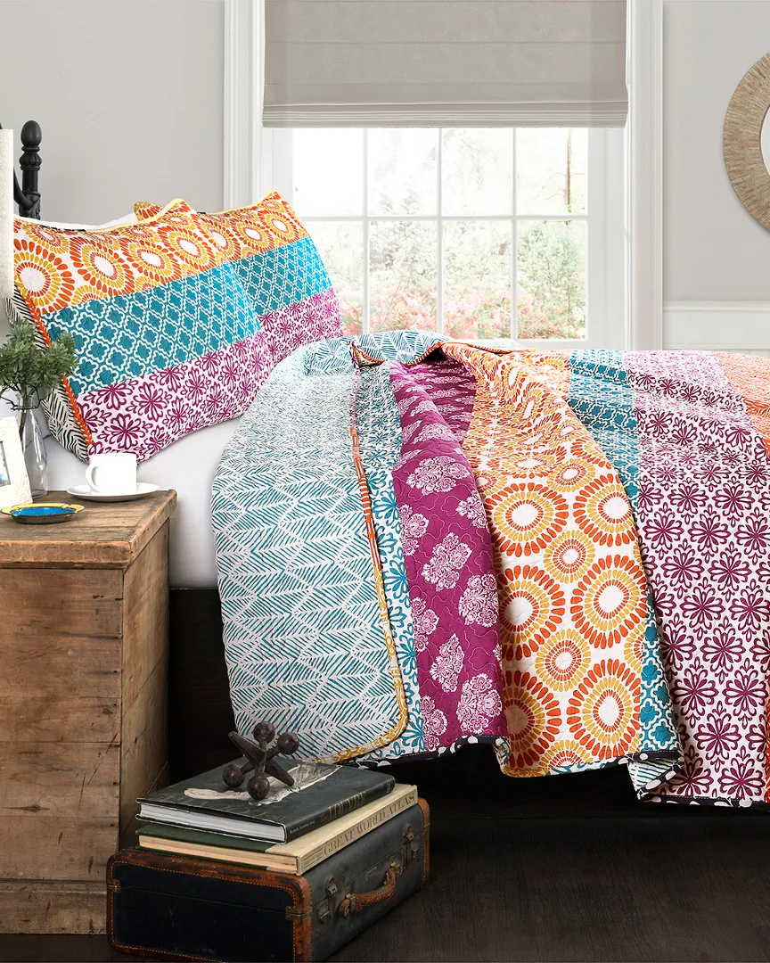 Bohemian Stripe Quilt 3pc Set - Fuchsia, Cotton