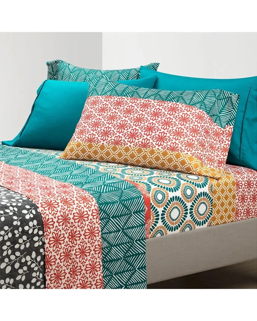 Bohemian Stripe Sheet Set with Pleat Detail - Turquoise, Polyester