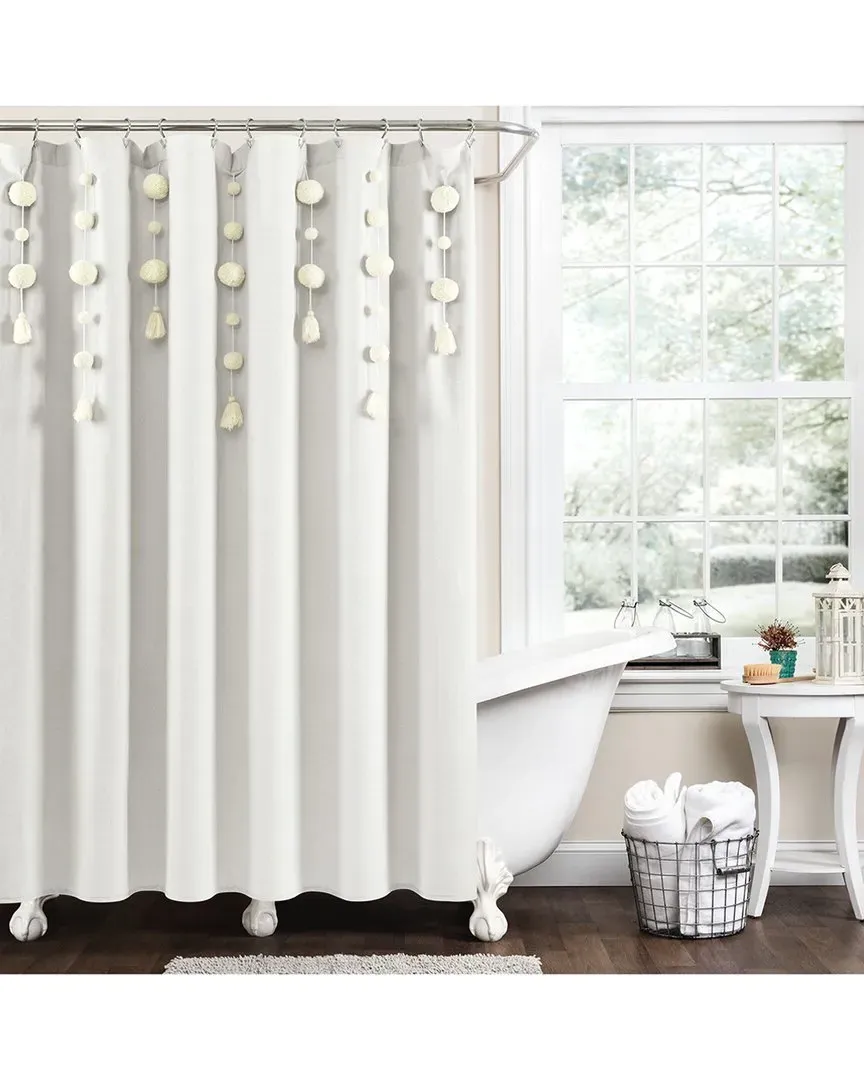 Boho Pom Pom Tassel Shower Curtain - White, Linen image