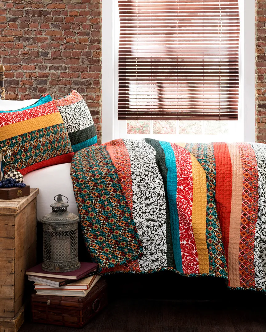 Boho Stripe 3-Piece Quilt Set - Turquoise, Cotton