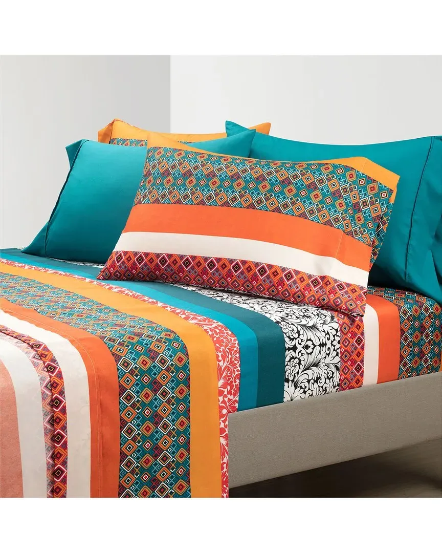 Boho Stripe Sheet Set with Pleat Detail - Turquoise, Polyester