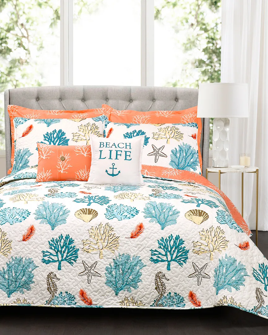 Coastal Reef Feather Quilt Set - Blue, Polyester