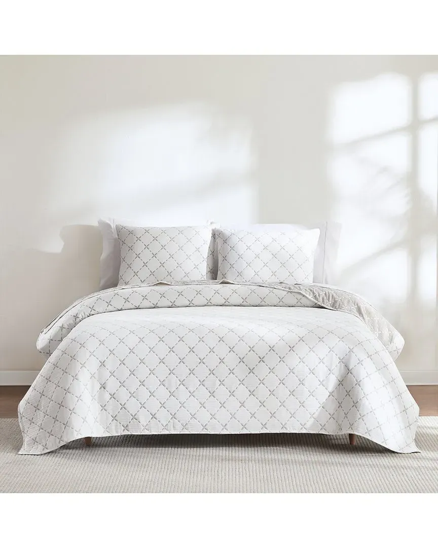 Diamond Leaf Jacquard Reversible Coverlet Set - Neutral image
