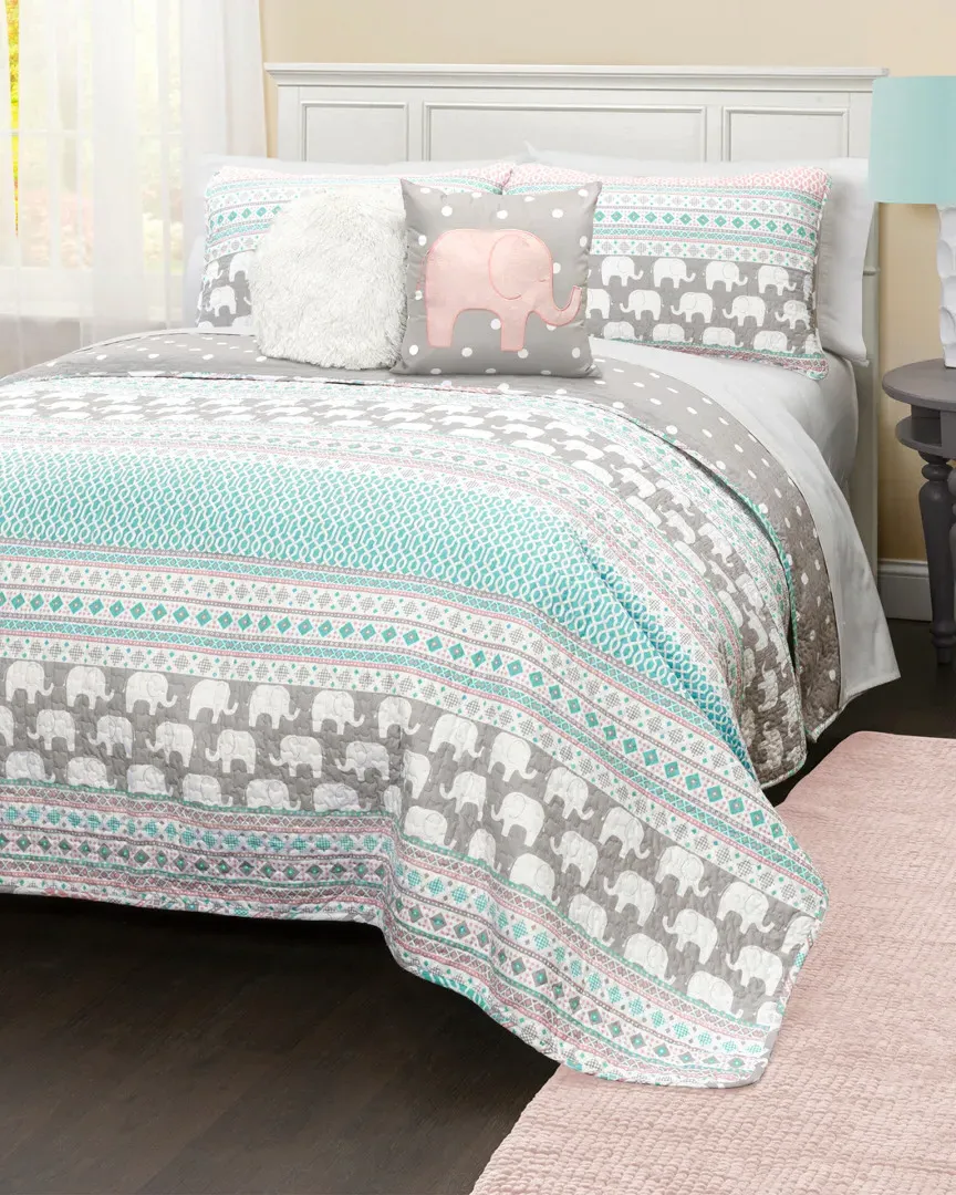 Elephant Stripe Quilt Set - Turquoise image