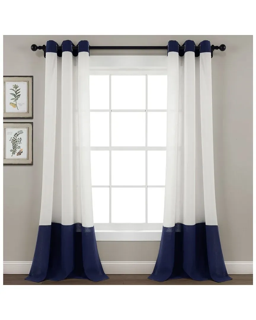 Faux Linen Grommet Colorblock Window Curtain Panel - Navy
