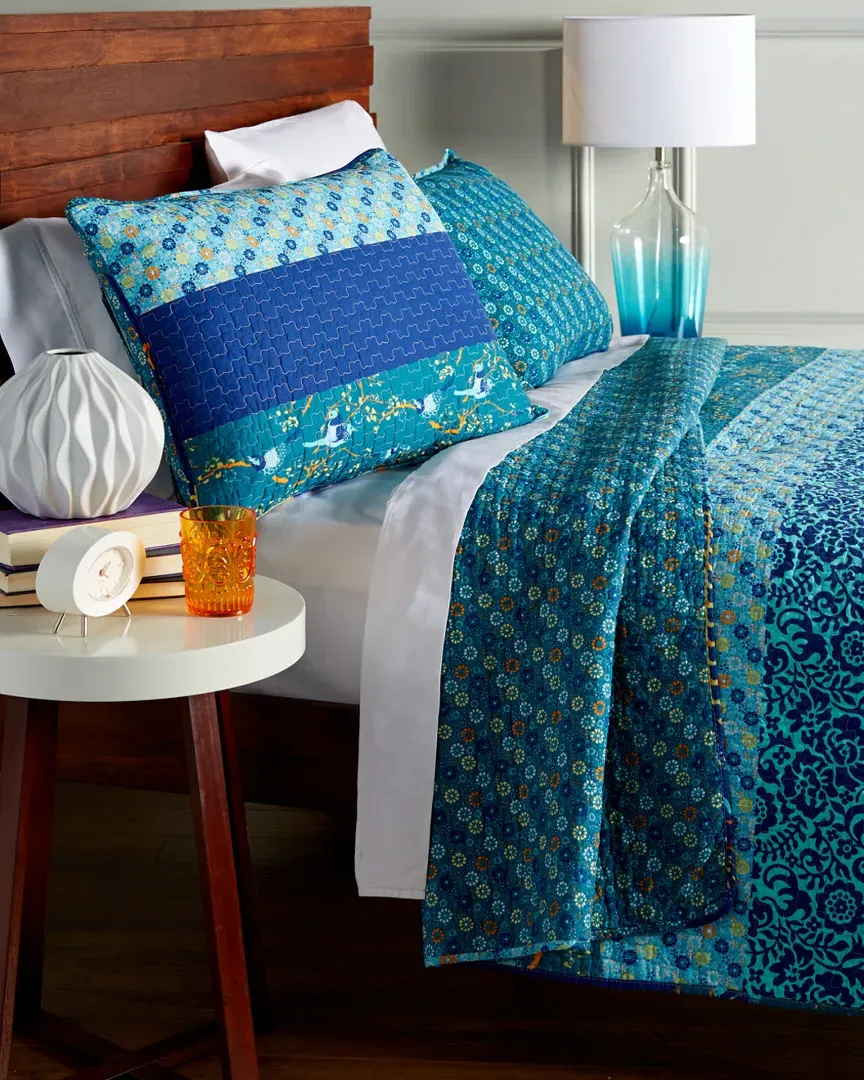 Floral Patch Cotton Quilt Set - Peacock